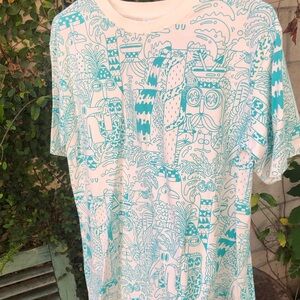 IKEA White Tee with Aqua Swirl Print